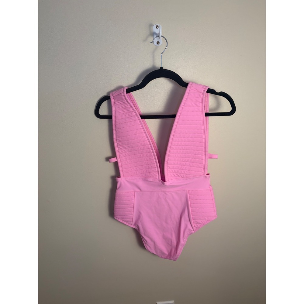 ASOS Swimsuit Women 6 Pink Deep V One Piece Quilted Textured High Cut Strappy - Picture 6 of 7